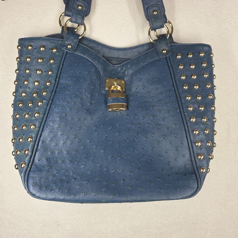 Vtg Expressions NYC Bag Purse Womens Blue Faux Ostrich Tote Hobo 2000s y2k - Picture 6 of 14